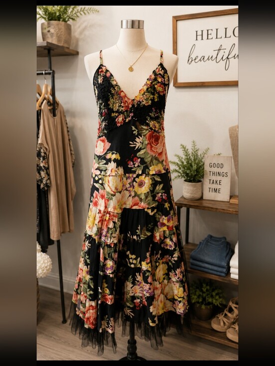 connected apparel Dresses & Skirts - *connected apparel Black Floral Lace-Trim Midi Dress Pit 23 L 48 NO POCKETS